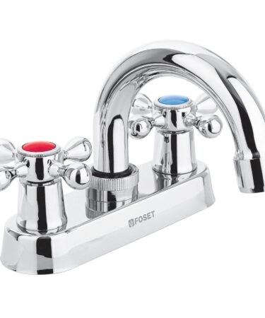 Mezcladora 4? para lavabo, cuello curvo, manerales cruceta